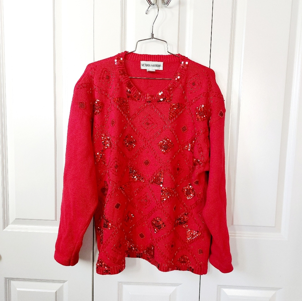 Red Diamond Design Argyle Beaded & Sequin‎ Large Victoria Harbour Vintage 90s